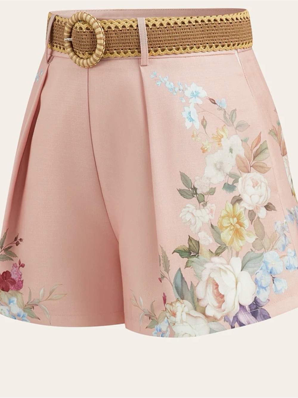 Commense Dusty Pink Floral High-Waist Shorts with Woven Tan Belt